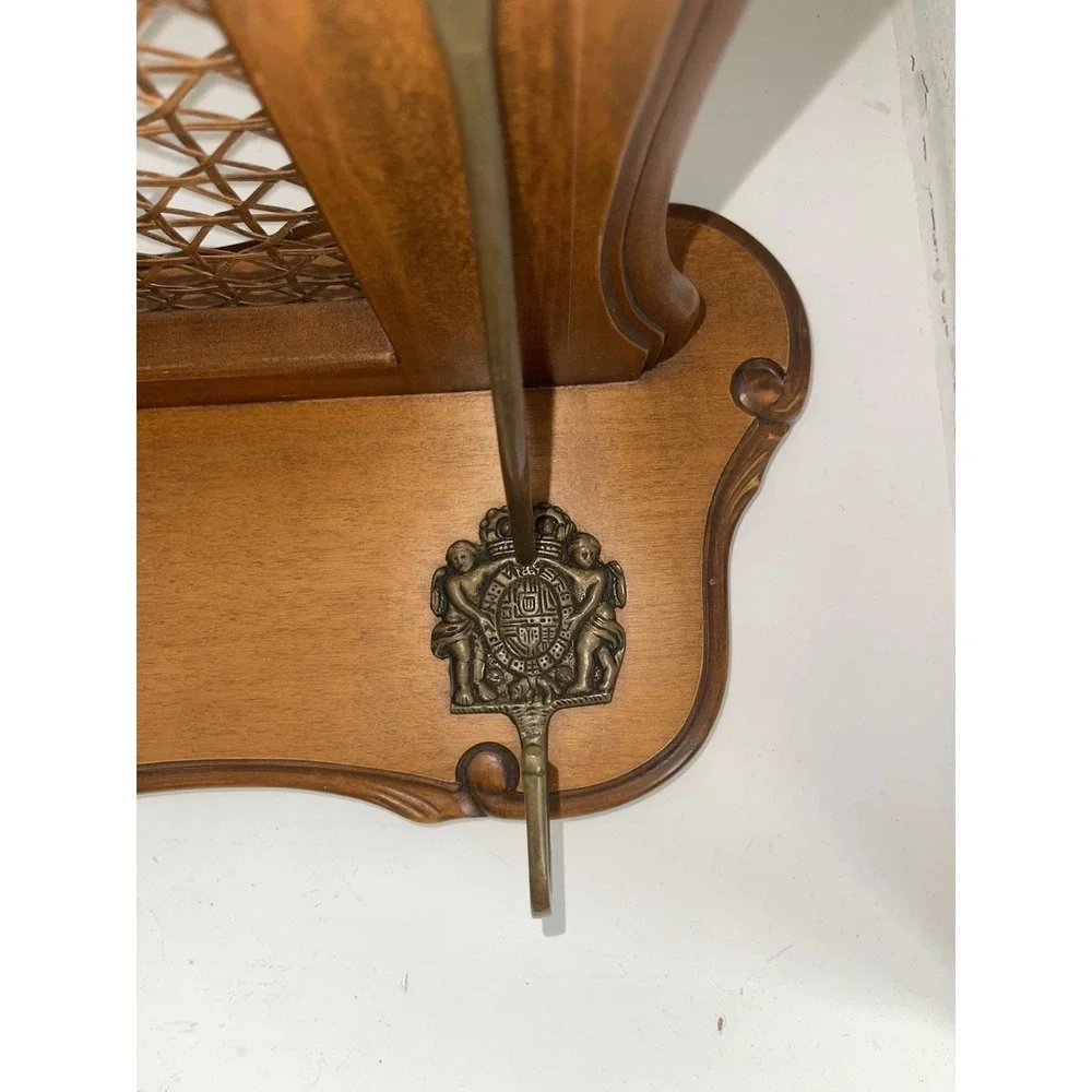 Vintage German STIL Wood Wall Shelf With‎ Coat Hooks Rattan/Cane Shelf READ